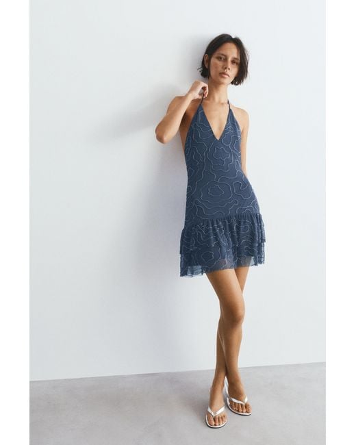 Pull&Bear Blue Short Halter Beaded Dress