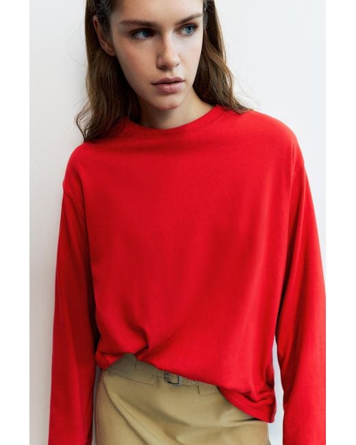 Pull&Bear Red Oversize Long Sleeve T-Shirt