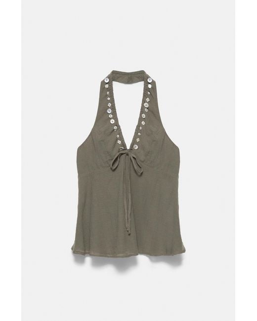 Pull&Bear Green Halter Top With Buttons