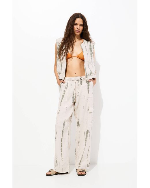 Pull&Bear White Linen Tie-Dye Cargo Trousers