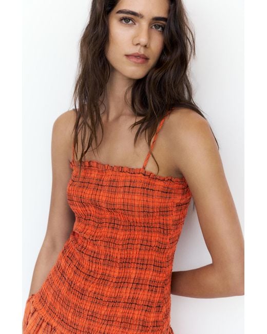 Pull&Bear Red Check Smocked Dress