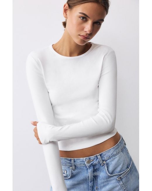 Pull&Bear White Fitted Long Sleeve T-Shirt