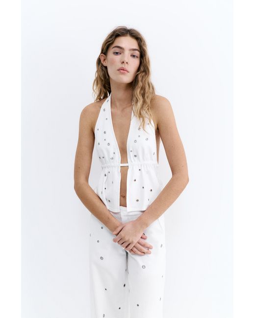 Pull&Bear Denim Haltertop Met Eyelets in het Natural