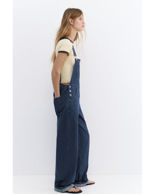 Pull&Bear Blue Long Striped Denim Dungarees