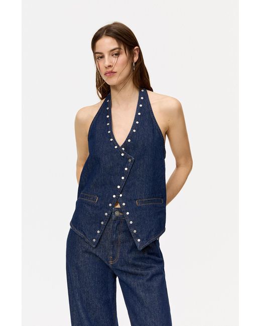 Pull&Bear Blue Crossover Denim Vest With Studs