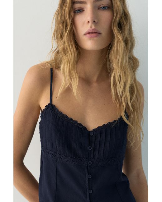 Pull&Bear Blue Lace-Trimmed Camisole Crop Top