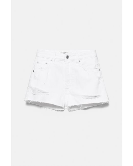 Pull&Bear White Mom Fit Ripped Denim Shorts