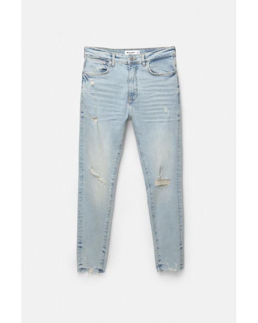 Pull&Bear Blue Ripped Carrot Fit Jeans for men