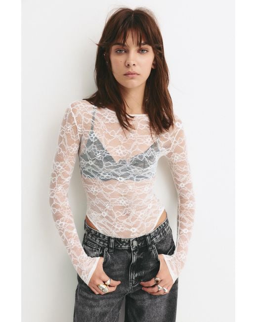 Pull&Bear White Long Sleeve Lace Bodysuit
