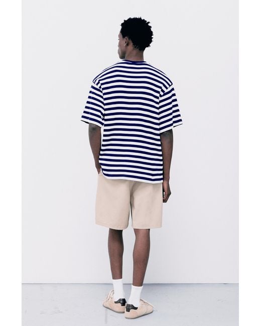 Pull&Bear Blue Regular Fit Striped T-Shirt for men
