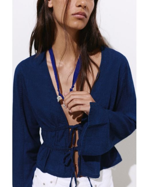 Pull&Bear Blue Denim Blouse With Ties