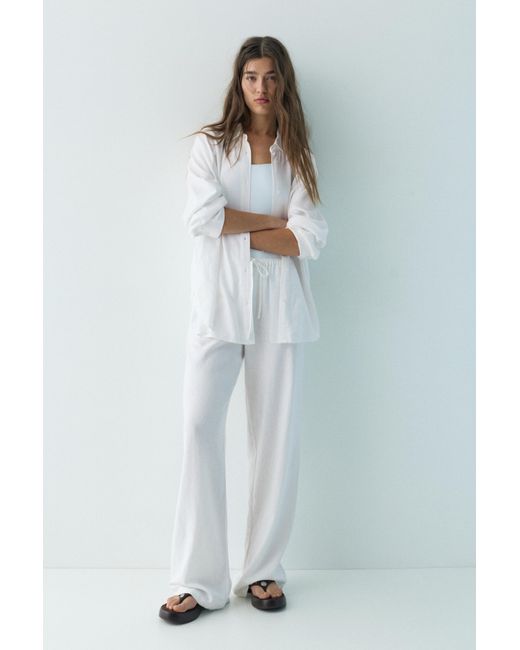 Pull&Bear Soepelvallende Broek Met Linnen in het White