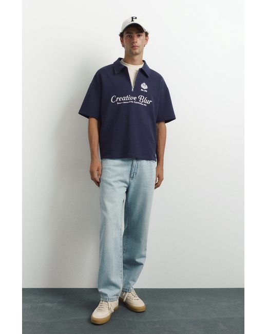Pull&Bear Blue Graphic Zip Interlock Polo Shirt for men