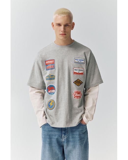 T-Shirt Manches Doubles À Patchs Pull&Bear pour homme en coloris Gray