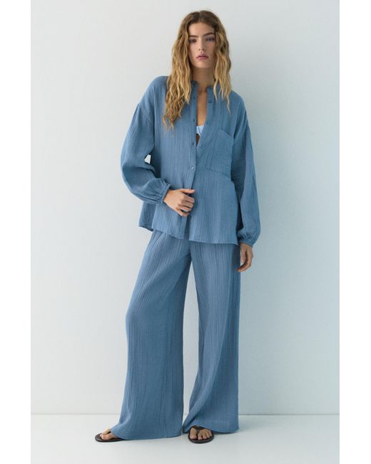 Pull&Bear Blue Stand Collar Voile Effect Shirt