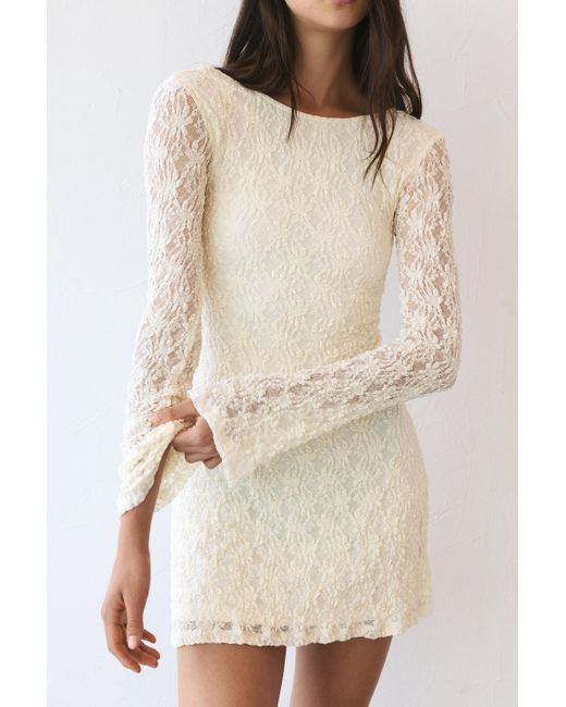 Pull&Bear Natural Kurzes Spitzenkleid Mit Langen Ärmeln
