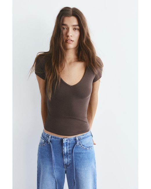 Pull&Bear Brown V-Neck T-Shirt