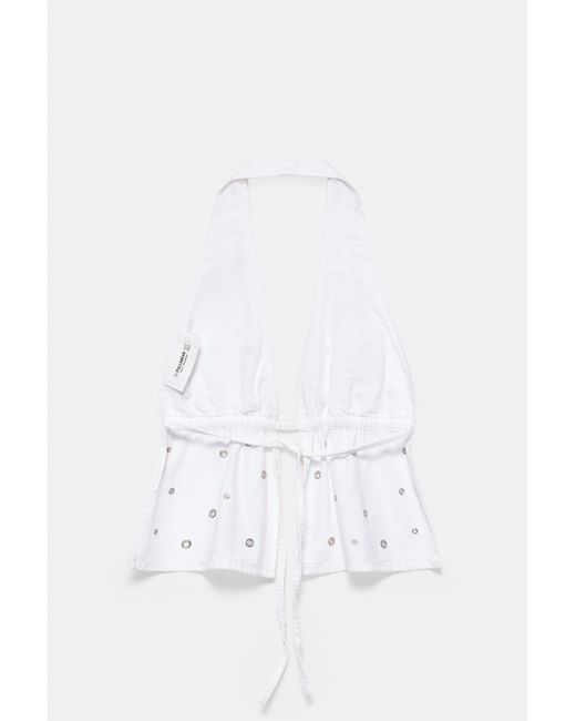 Pull&Bear Denim Haltertop Met Eyelets in het Natural