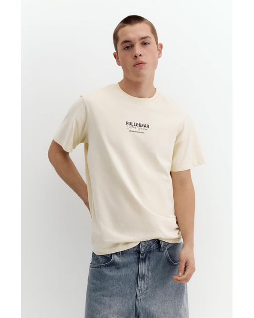 Pull&Bear Natural Embroidered Logo T-Shirt for men
