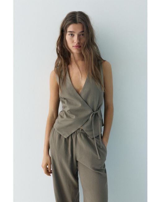 Pull&Bear Green Rustic Linen-Blend Waistcoat