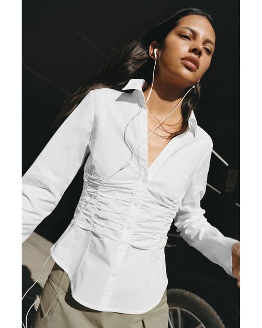 Pull&Bear White Fitted Gathered Poplin Shirt