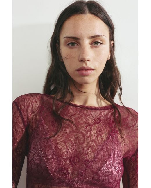 Pull&Bear Red Shimmery Lace Top