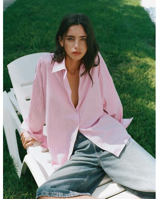 Pull&Bear Pink Striped Oversize Shirt