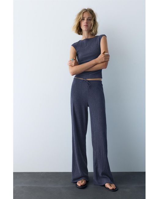 Pull&Bear Blue Wide-Leg Crepe Trousers