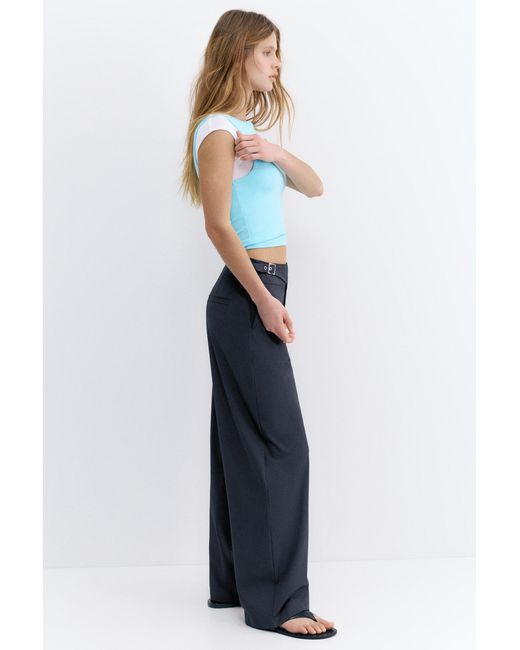 Pull&Bear Blue Barrel Trousers With Buckles