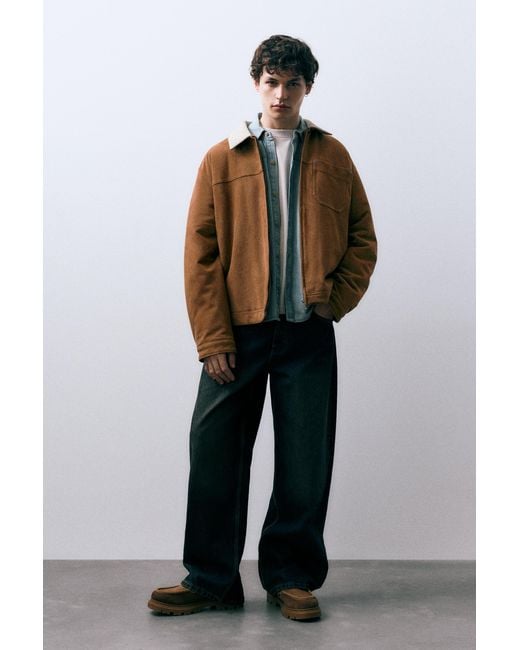 Pull&Bear Blue Faux Suede Jacket With Contrast Collar for men