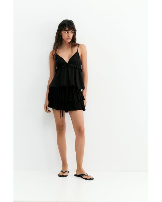 Pull&Bear Black Ruffled Linen Top