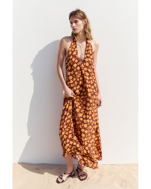 Pull&Bear Brown Floral Halterneck Midi Dress