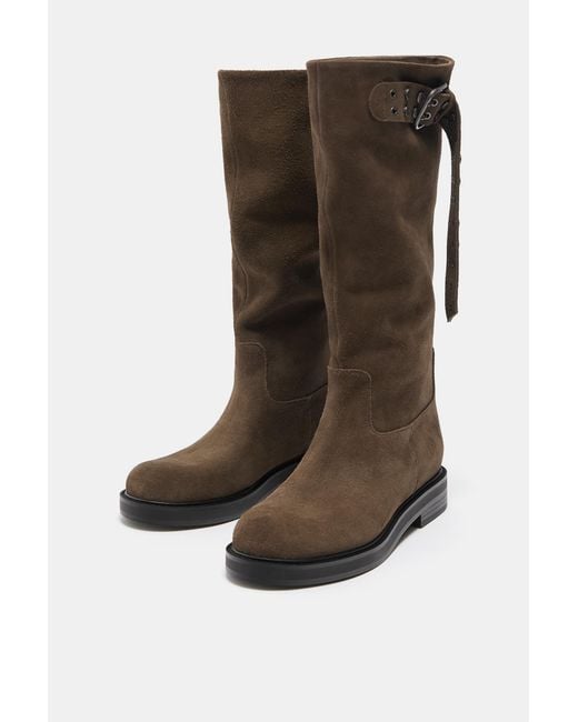 Pull&Bear Brown Tall Leather Buckle Boots