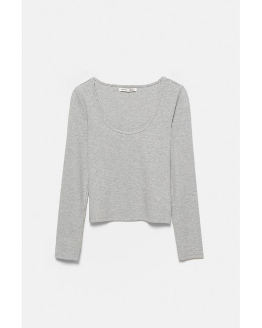 Pull&Bear White Ribbed Round Neck T-Shirt