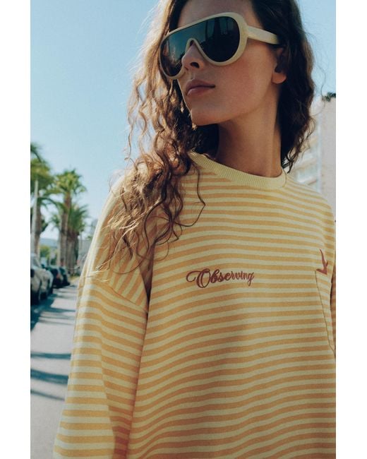 Pull&Bear Yellow Oversize Striped Graphic Sweatshirt