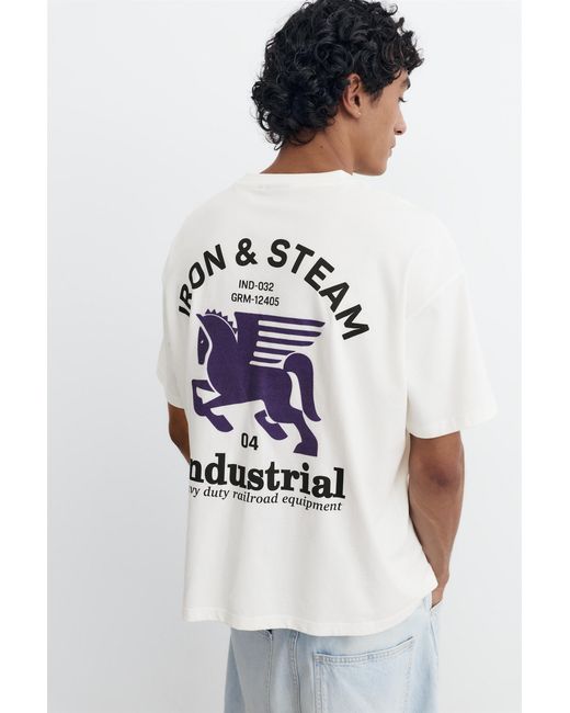 Pull&Bear White Boxy T-Shirt With Embroidered Graphic for men