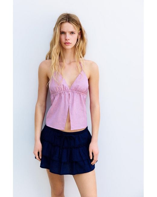 Pull&Bear Gestreepte Haltertop Van Linnenmix in het Blue