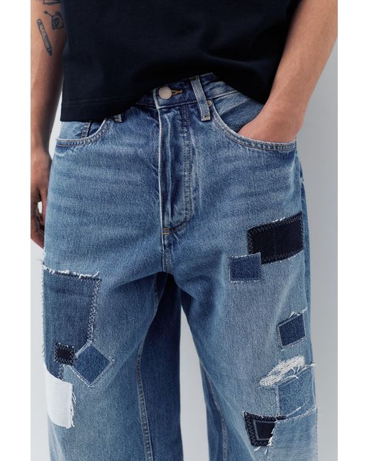 Pull&Bear Blue Baggy Patchwork Jeans for men