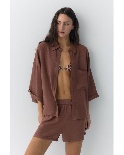 Pull&Bear Brown Linen Blend Shirt