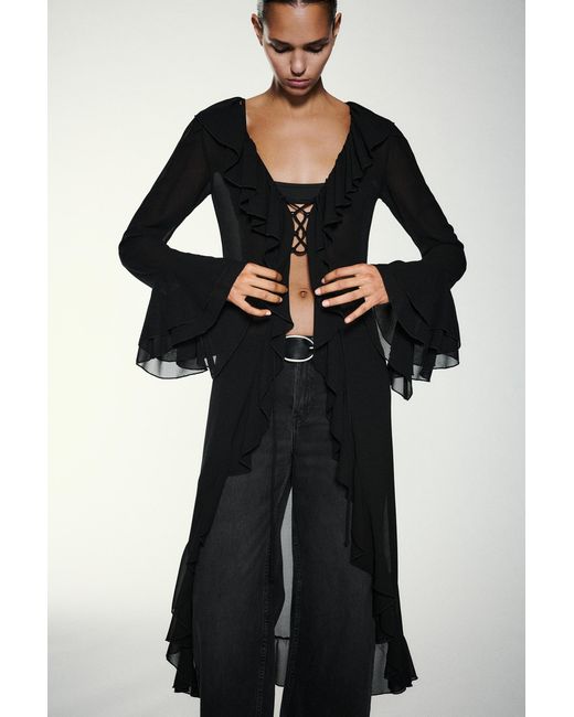 Pull&Bear Black Long Ruffle Kimono