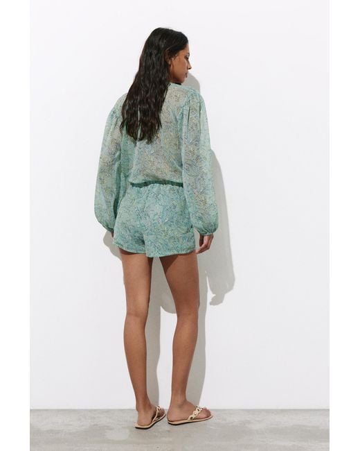 Pull&Bear Green Printed Short Romper With Ruching