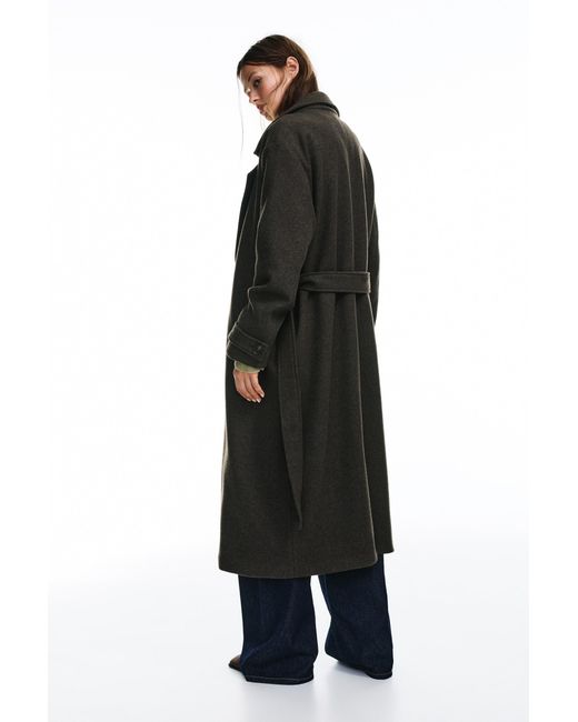 Pull&Bear Black Long Felt Texture Coat With Belt