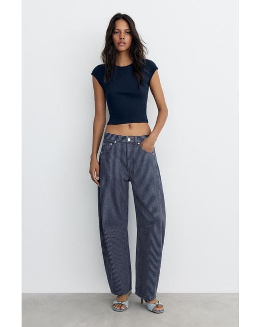 Pull&Bear Blue Striped Balloon Jeans With Seams