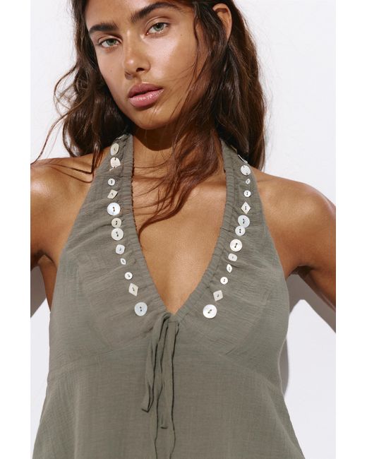 Pull&Bear Green Halter Top With Buttons