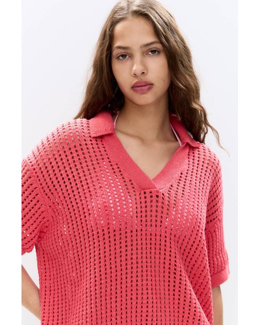 Pull&Bear Red Häkelpullover Mit Polo-Kragen
