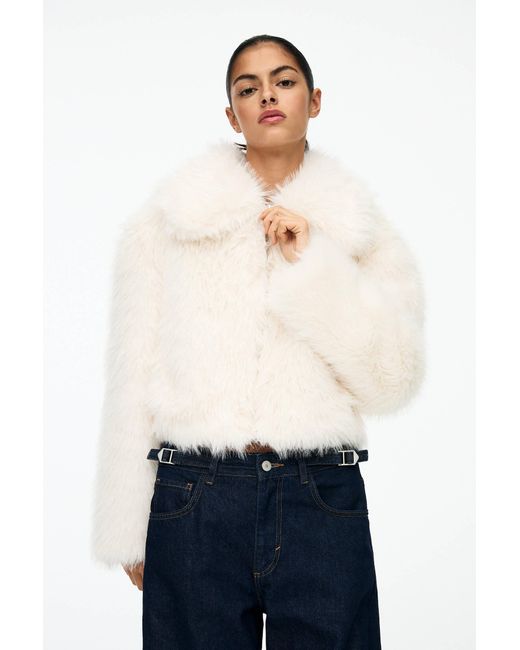 Pull&Bear White Faux Fur Zip-Up Jacket