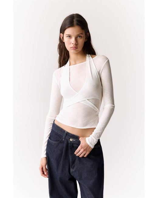 Pull&Bear White Double-Layer Top With Crossover Neckline