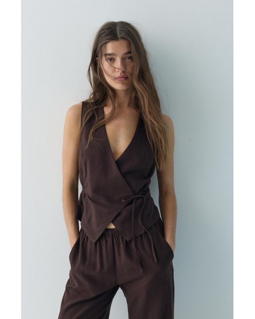 Pull&Bear Brown Rustic Linen-Blend Waistcoat