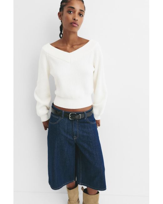 Pull&Bear White Cropped Purl Knit Sweater