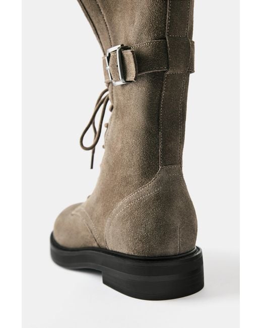 Pull&Bear Gray Lace-Up Leather Flat Boots